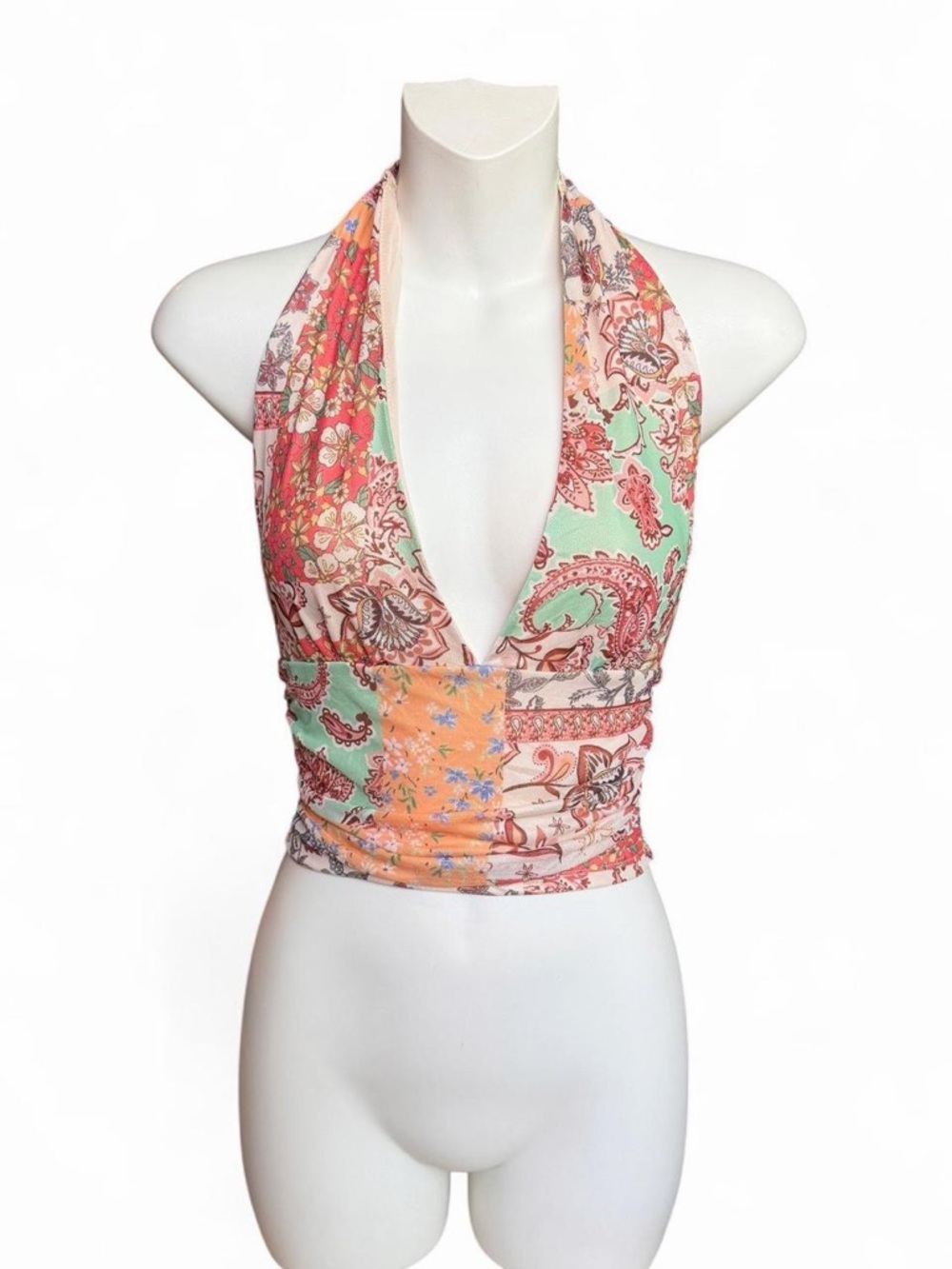 SHEIN Pastel Patchwork Halter Crop Top - Mint, Peach & Coral